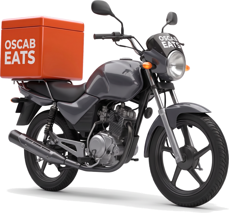 An Oscab Eats delivery motorbike with a red insulated top box
